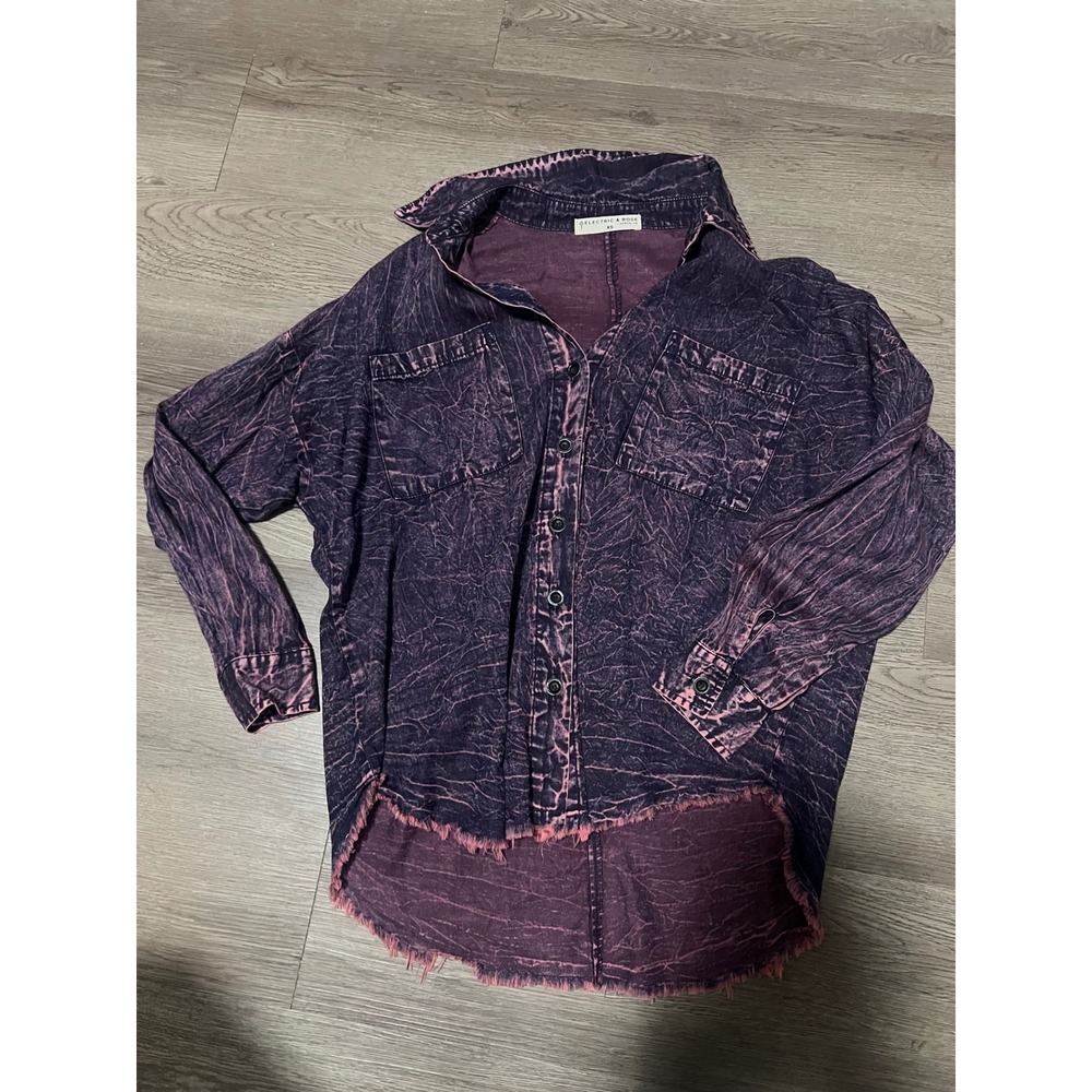 Electric & Rose Womens Purple Acid Wash Frayed High Low Button‎ Down Shirt XS